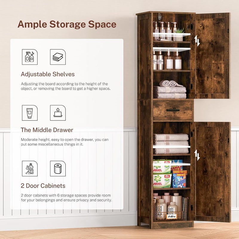 WEENFON Tall Bathroom Cabinet, Storage Cabinet with 6 Shelves & Drawer, Bathroom Storage Cabinet with Adjustable Shelves, Tall Cabinet for Living Room, Home Office, Rustic Brown - Image 4